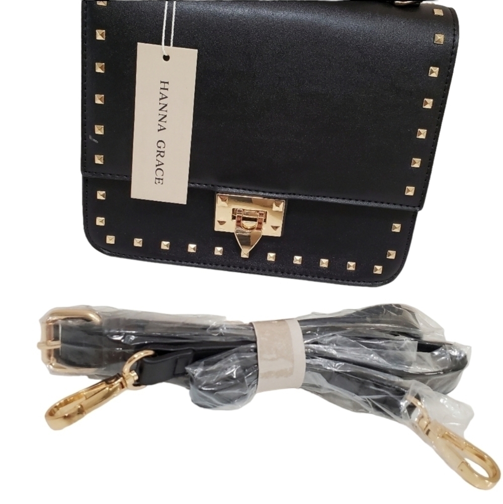 HANNA Grace Black With Gold Stud Trim Shoulder Purse Handbag - Picture 4 of 9